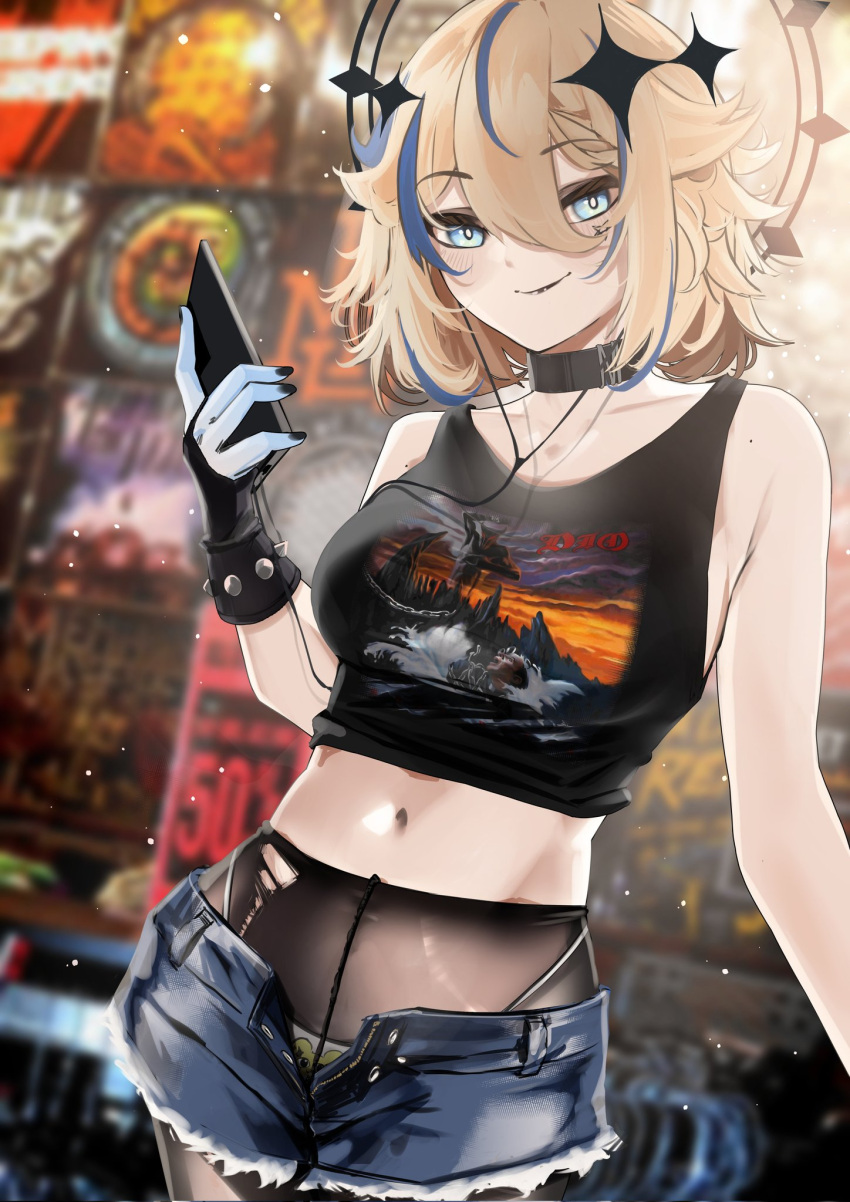 black_choker black_pantyhose blonde_hair blue_eyes blurry blurry_background breasts choker cutoffs female gloves hair_between_eyes halo highres kaneko_lumi looking_at_viewer medium_breasts micro_shorts midriff navel open_fly panties panties_under_pantyhose pantyhose phase_connect pupi_(rain_prophet) short_hair shorts smile solo tank_top torn_clothes torn_pantyhose underwear virtual_youtuber