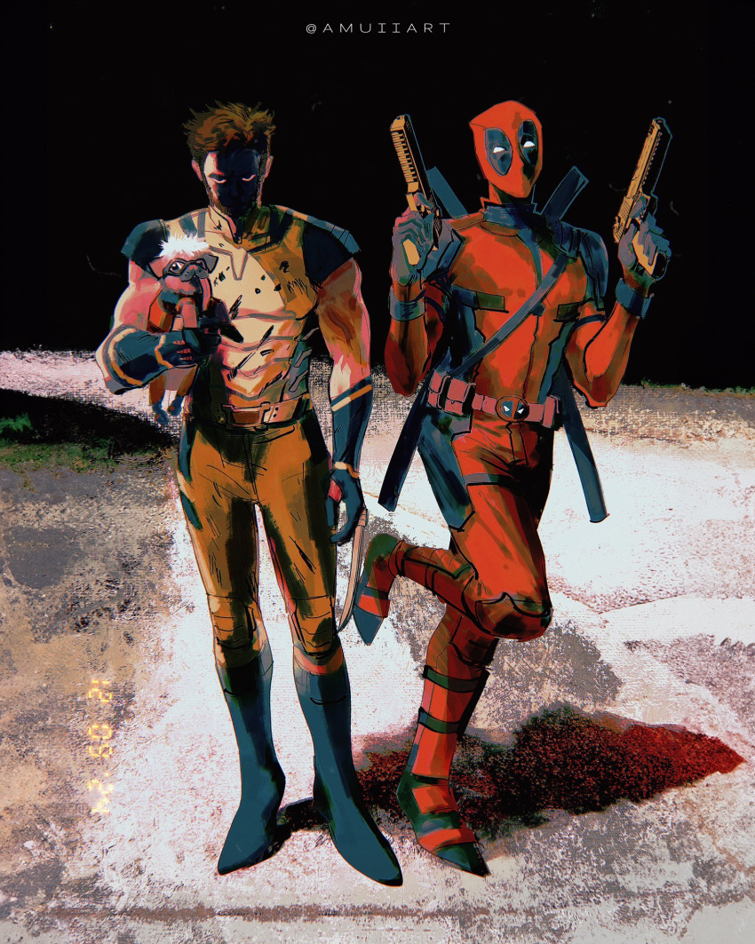 2boys amuii animal belt black_gloves bodysuit boots brown_hair canine claw_(weapon) deadpool deadpool_&_wolverine deadpool_(series) dogpool dual_wielding elbow_gloves english_commentary full_body gloves gun handgun highres holding holding_animal holding_dog katana looking_at_viewer male_focus marvel marvel_cinematic_universe meme multiple_boys muscular red_bodysuit shaded_face sleeveless standing standing_on_one_leg superhero_costume sword sword_behind_back twitter_username two-tone_bodysuit weapon why_dis_ninja_look_so_mad_(meme) wolverine_(x-men) x-men yellow_belt yellow_bodysuit