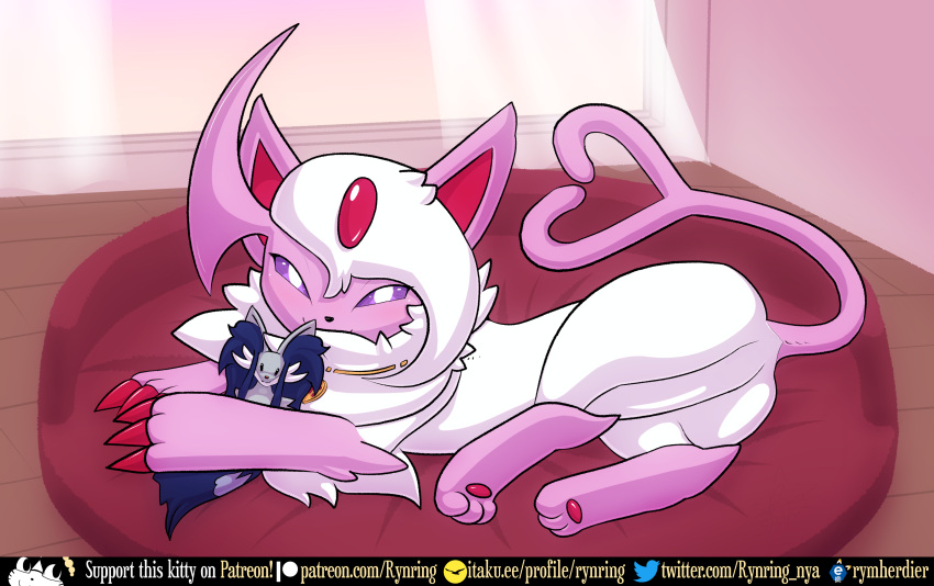 3_toes absol absurd_res alternate_color anna_(livingfox66) blush claws delphox digital_media_(artwork) eeveelution espeon feet female forked_tail fur furniture generation_2_pokemon generation_3_pokemon generation_6_pokemon heart_symbol hi_res holding_object holding_plushie hybrid hybrid_pokemon inner_ear_fluff inside jewelry jewelry_only looking_at_viewer mammal necklace necklace_only nintendo nude pet_bed plushie pokemon pokemon_(species) rymherdier smile solo tail text toes translucent_curtains tuft unusual_anatomy unusual_tail white_body white_fur window