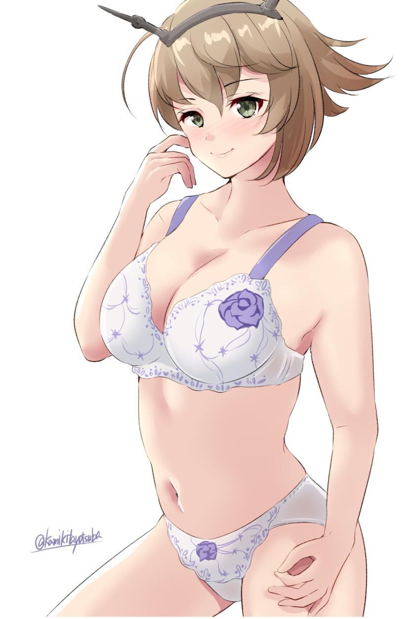 bra breasts brown_hair cleavage commentary_request cowboy_shot female green_eyes hairband headgear highres kamikitayotsuba kantai_collection large_breasts mutsu_(kancolle) one-hour_drawing_challenge panties radio_antenna short_hair simple_background solo underwear underwear_only white_background white_bra white_panties