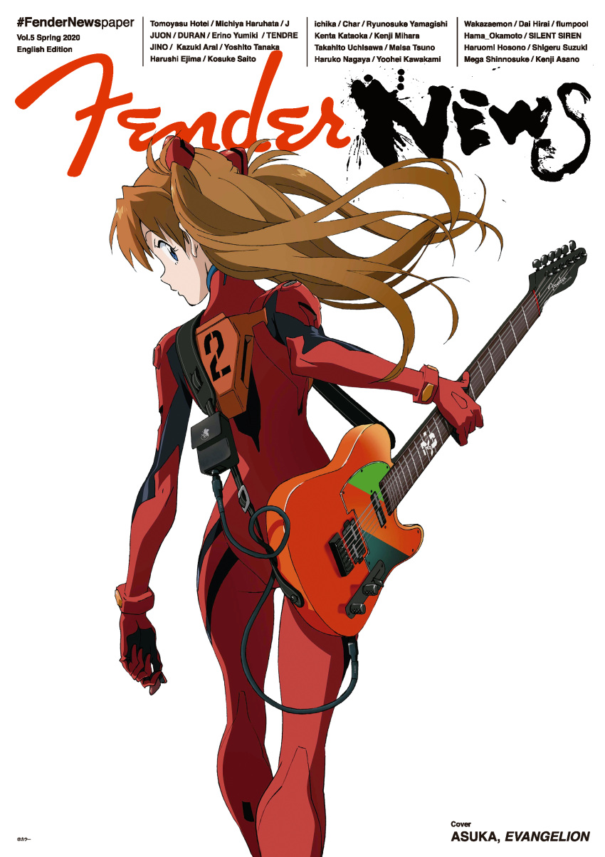 absurdres artist_request ass blue_eyes bodysuit bracer cover electric_guitar evangelion:_3.0+1.0_thrice_upon_a_time feet_out_of_frame female fender_telecaster from_behind guitar hairpods highres instrument interface_headset magazine_cover neon_genesis_evangelion official_art orange_bodysuit orange_hair pilot_suit plectrum plugsuit rebuild_of_evangelion red_bodysuit science_fiction solo souryuu_asuka_langley title tsurumaki_kazuya two_side_up white_background