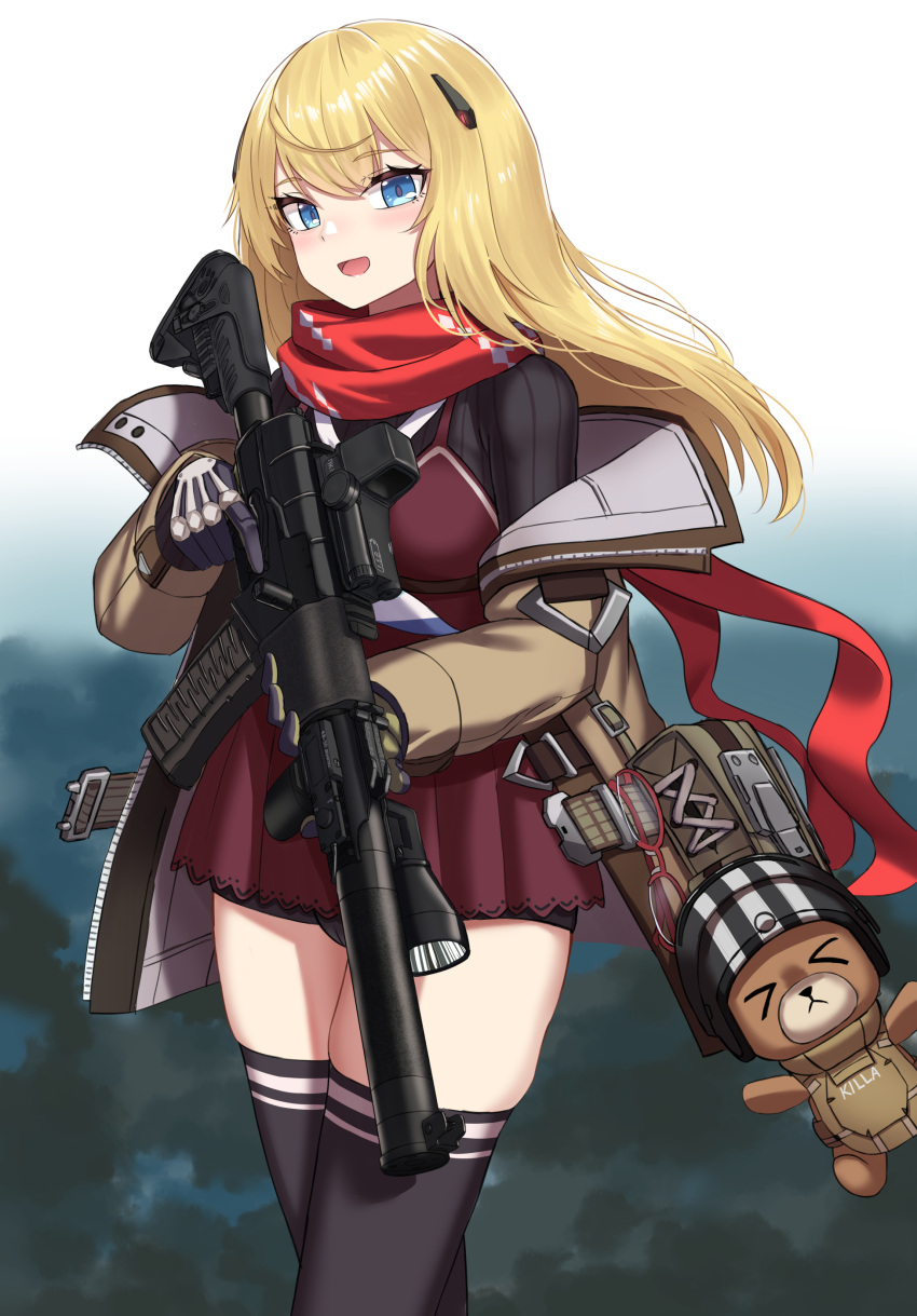 absurdres as_val as_val_(girls'_frontline) as_val_(mod3)_(girls'_frontline) assault_rifle bad_id bad_twitter_id black_thighhighs blonde_hair blue_eyes coat cowboy_shot dress escape_from_tarkov eyewear_hang female girls'_frontline glasses gloves gun hair_ornament highres holding holding_gun holding_weapon kalashnikov_rifle killa_(escape_from_tarkov) long_hair long_sleeves looking_at_viewer open_clothes open_coat open_mouth red_dress red_scarf rifle scarf solo thighhighs trigger_discipline unworn_eyewear weapon yakob_labo