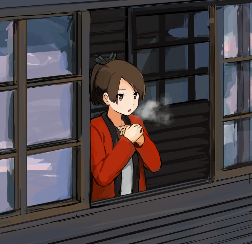 absurdres black_hairband breath brown_eyes brown_hair cold commentary_request female from_outside hair_ribbon hair_tie hairband highres jacket kantai_collection looking_ahead looking_outside morakkyo_(mephilas_g3) open_mouth open_window own_hands_together parted_bangs ponytail red_jacket ribbon shikinami_(kancolle) shirt short_hair solo white_shirt window wooden_floor wooden_wall