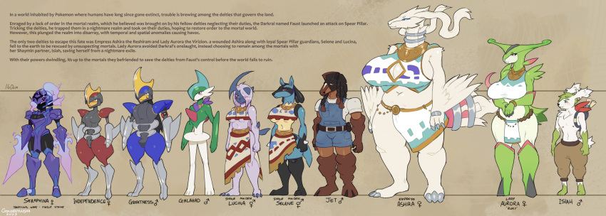 2023 2_toes 3_toes absol absurd_res anthro antlers armband armor ashira_(goldenyuusha) belt big_breasts bisharp black_body black_fur black_skin blade_arm blue_body blue_eyes blue_hair blue_sclera blue_skin bottomwear breasts brown_background brown_body brown_bottomwear brown_clothing brown_fur brown_pants ceruledge character_name chest_tuft claws cleavage cleavage_cutout clothed clothing cutout denim denim_clothing ear_tuft english_text eyelashes facial_markings featureless_breasts feet female female_symbol fur gallade gender_symbol generation_3_pokemon generation_4_pokemon generation_5_pokemon generation_7_pokemon generation_9_pokemon gloves_(marking) goldenyuusha greatness_(goldenyuusha) green_body green_eyes green_fur green_skin group hair head_markings herm_(lore) hi_res horn huge_breasts humanoid independence_(goldenyuusha) intersex_(lore) isiah_(goldenyuusha) jet_(goldenyuusha) jewelry lady_aurora_(goldenyuusha) larger_female leg_markings legendary_pokemon loincloth lucario lucina_(goldenyuusha) male male_symbol markings mask_(marking) model_sheet mudsdale navel nintendo nipples orange_eyes pants pink_body pink_eyes pokemon pokemon_(species) red_body red_eyes reshiram sarong scarf selene_(goldenyuusha) seraphina_(goldenyuusha) shaymin shiny_pokemon shirt simple_background size_difference sky_forme_shaymin smaller_male socks_(marking) species_name standing symbol tail tan_body tan_fur text thick_thighs toe_claws toes topwear transgender_symbol tuft under_boob virizion white_body white_clothing white_fur white_shirt white_skin white_topwear