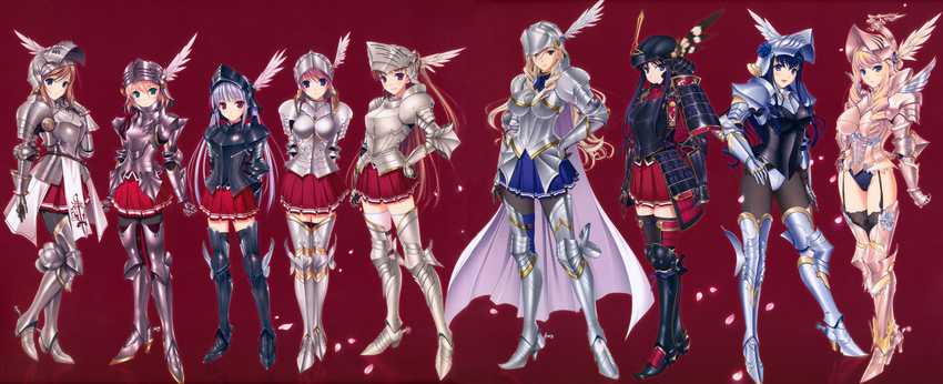 6+girls absurdres alice_weinberg armor bertille_althusser black_hair blonde_hair celia_kumani_entory character_request drill_hair female fiona_beckford full_body gauntlets greaves green_eyes grin hand_on_hip highres incredibly_absurdres kisaki_mio knight komori_kei legs lineup lisa_eostre long_hair long_image multiple_girls noel_maresse_ascot pauldrons pink_hair reina_f_avery ryuzouji_akane short_hair silver_hair smile standing thighhighs twintails walkure_romanze wide_image zettai_ryouiki