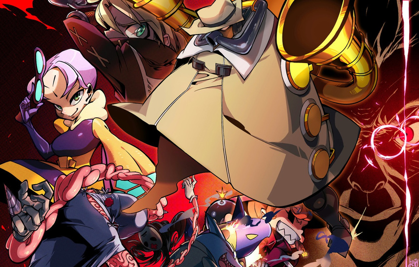 1boy 3girls artist_request avian_(skullgirls) big_band cigar cyborg fedora green_eyes hat hive_(skullgirls) ileum_(skullgirls) instrument isaac_(skullgirls) leduc_(skullgirls) lenny_the_bomb multiple_girls peacock_(skullgirls) purple_hair saxophone skullgirls stanley_whitefin trench_coat yojio_(2188)