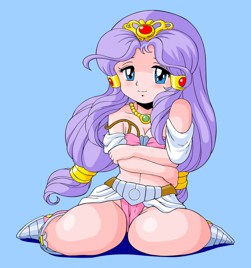 1980s_(style) 675_(image_675) belt bikini blue_eyes boots breasts cleavage female highres julia_(rall) long_hair medium_breasts navel purple_hair retro_artstyle sf_choujigen_densetsu_rall showgirl_skirt sitting smile solo swimsuit very_long_hair