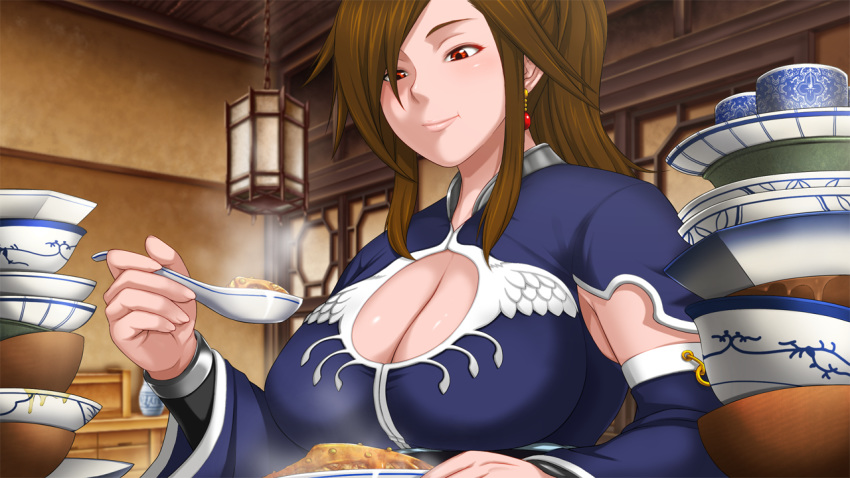 blue_clothes breasts brown_hair cleavage closed_mouth detached_sleeves dish earrings eating female food game_cg high_ponytail highres holding indoors lantern large_breasts long_hair looking_down ponytail red_eyes ryomou_shimei_(sengoku_hime_3) sangoku_hime sangoku_hime_3 sidelocks sitting smile solo spoon table unicorn-a upper_body