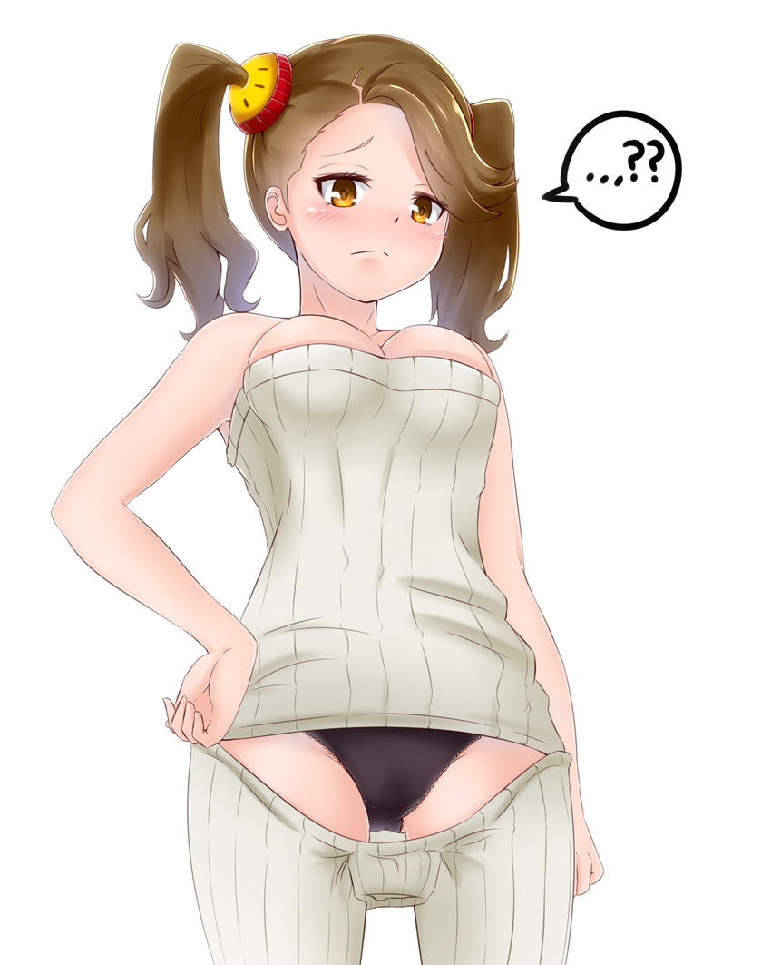 bad_id bad_pixiv_id black_panties blush breasts brown_hair female frown gundam gundam_build_fighters gundam_build_fighters_try highres medium_breasts meme_attire open-chest_sweater panties ribbed_sweater s.bomb sazaki_kaoruko solo sweater twintails underwear wardrobe_error yellow_eyes you're_doing_it_wrong