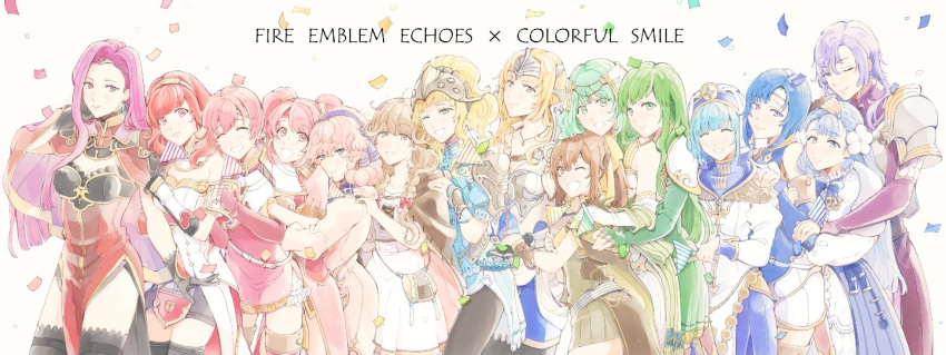 1boy 6+girls armor bare_shoulders blonde_hair blue_eyes blue_hair blush boots bracelet braid breastplate brown_eyes brown_hair cape catria_(fire_emblem) celica_(fire_emblem) chibisawa clair_(fire_emblem) closed_eyes delthea_(fire_emblem) dress earrings elbow_gloves est_(fire_emblem) faye_(fire_emblem) fingerless_gloves fire_emblem fire_emblem:_mystery_of_the_emblem fire_emblem_echoes:_shadows_of_valentia genny_(fire_emblem) gloves green_eyes green_hair headband helmet hug jewelry leon_(fire_emblem_echoes) long_hair looking_at_viewer mae_(fire_emblem) mathilda_(fire_emblem) multiple_girls oerba_yun_fang open_mouth palla_(fire_emblem) pegasus_knight_uniform_(fire_emblem) polearm ponytail protected_link purple_eyes purple_hair red_eyes red_hair rinea_(fire_emblem) short_hair shoulder_armor silque_(fire_emblem) simple_background skirt smile sonya_(fire_emblem_gaiden) tatiana_(fire_emblem) thighhighs tiara twin_braids veil weapon