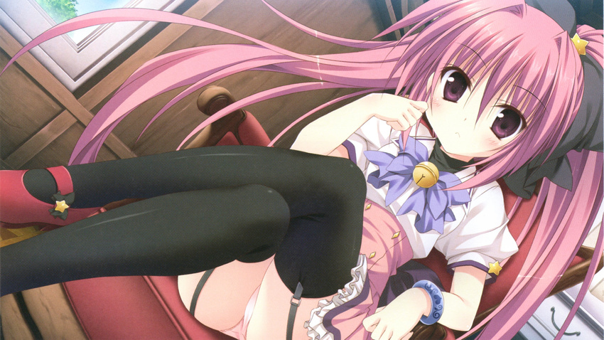 bell black_legwear female game_cg garter_straps hair_ornament hair_ribbon highres jingle_bell korie_riko legs_crossed long_hair long_legs magical_charming! oerba_yun_fang orietta_chrono_istarica_ginasteele panties pantyshot pink_hair purple_eyes ribbon short_sleeves sitting skirt smile thighhighs underwear upskirt