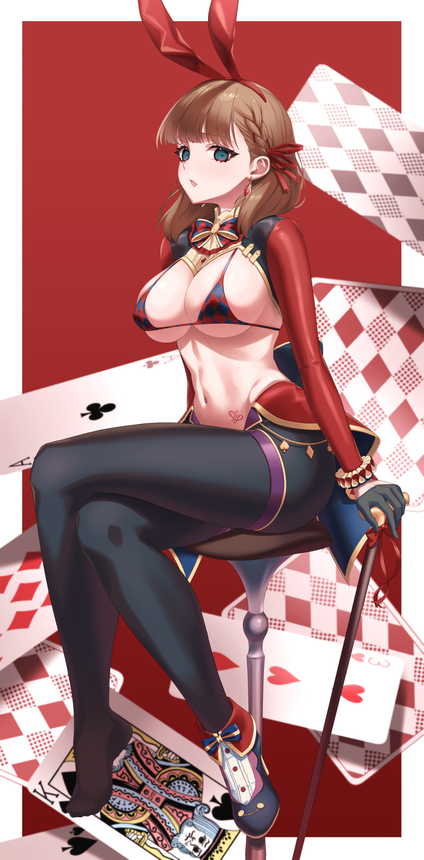 absurdres ace_(playing_card) ace_of_clubs animal_ears bikini bikini_top_only black_gloves black_pantyhose border bow bowtie breasts brown_hair cane card card_background club_(shape) crossed_legs fake_animal_ears female floating_card gloves green_eyes hair_ribbon hear_(kpmf4732) highres holding holding_cane idolmaster idolmaster_cinderella_girls idolmaster_cinderella_girls_starlight_stage king_(playing_card) king_of_spades large_breasts legs medium_hair meme_attire navel pantyhose parted_lips playing_card rabbit_ears red_background red_ribbon reverse_bunnysuit reverse_outfit ribbon sakuma_mayu shoes shrug_(clothing) single_shoe sitting solo stomach stool swimsuit tattoo three_of_hearts white_border