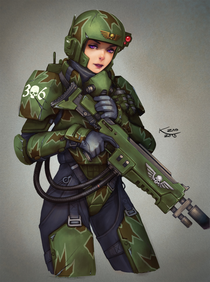 absurdres armor astra_militarum breasts cowboy_shot female gloves gun helmet highres kasrkin khantian lasgun looking_at_viewer military military_uniform power_armor purple_eyes rifle signature soldier solo uniform warhammer_40k weapon