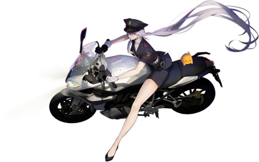 >_< akira_(manga) akira_slide azur_lane black_footwear black_headwear female from_side gloves grey_hair hat high_heels highres kirov_(azur_lane) kirov_(drifting_justice)_(azur_lane) long_hair looking_at_viewer manjuu_(azur_lane) motor_vehicle motorcycle nagu official_alternate_costume official_art parody police police_uniform sweater thighs transparent_background turtleneck turtleneck_sweater uniform white_gloves yellow_eyes