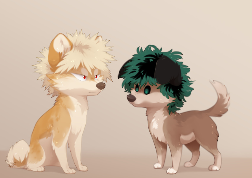 2018 ambiguous_gender canid canine canis digital_media_(artwork) domestic_dog duo feral hi_res izuku_midoriya katsuki_bakugou mammal my_hero_academia reysi sitting standing