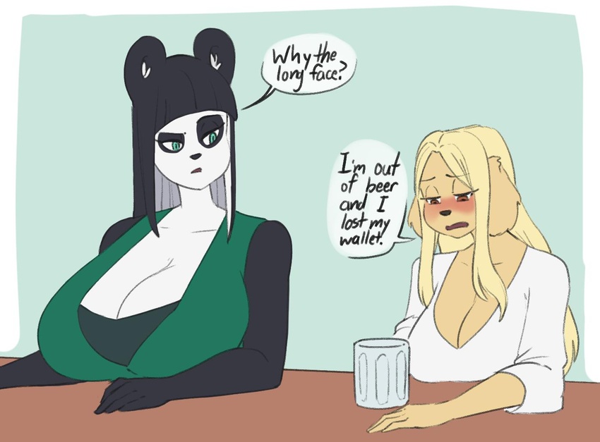 2019 anthro bar bear beer_mug big_breasts black_body black_fur black_hair blonde_hair blue_eyes blush breast_rest breasts canid canine canis cleavage clothed clothing dialogue domestic_dog drinking duo eldora_(skecchiart) english_text eyebrows female fluffy_ears fur giant_panda glass green_eyes hair huge_breasts inner_ear_fluff larger_female lei_(skecchiart) long_hair mammal mature_anthro mature_female open_mouth orange_eyes raised_eyebrow size_difference skecchiart speech_bubble tan_body tan_skin text tuft white_body white_fur white_hair