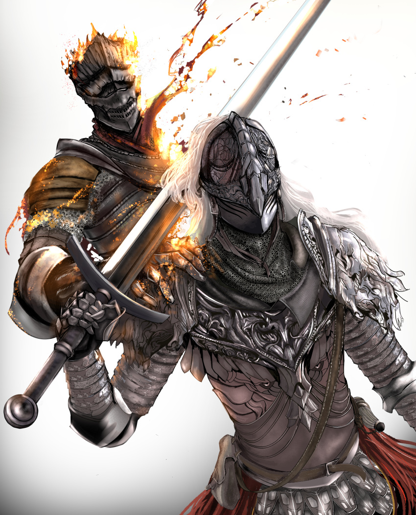 absurdres ambiguous_gender armor ashen_one_(dark_souls_3) bloody_wolf_(elden_ring) cape cloak covered_eyes dark_souls_(series) dark_souls_iii elden_ring full_armor gauntlets helmet highres holding holding_sword holding_weapon kageisland_9lov knight long_hair mask pauldrons shield shoulder_armor sword tarnished_(elden_ring) weapon white_hair