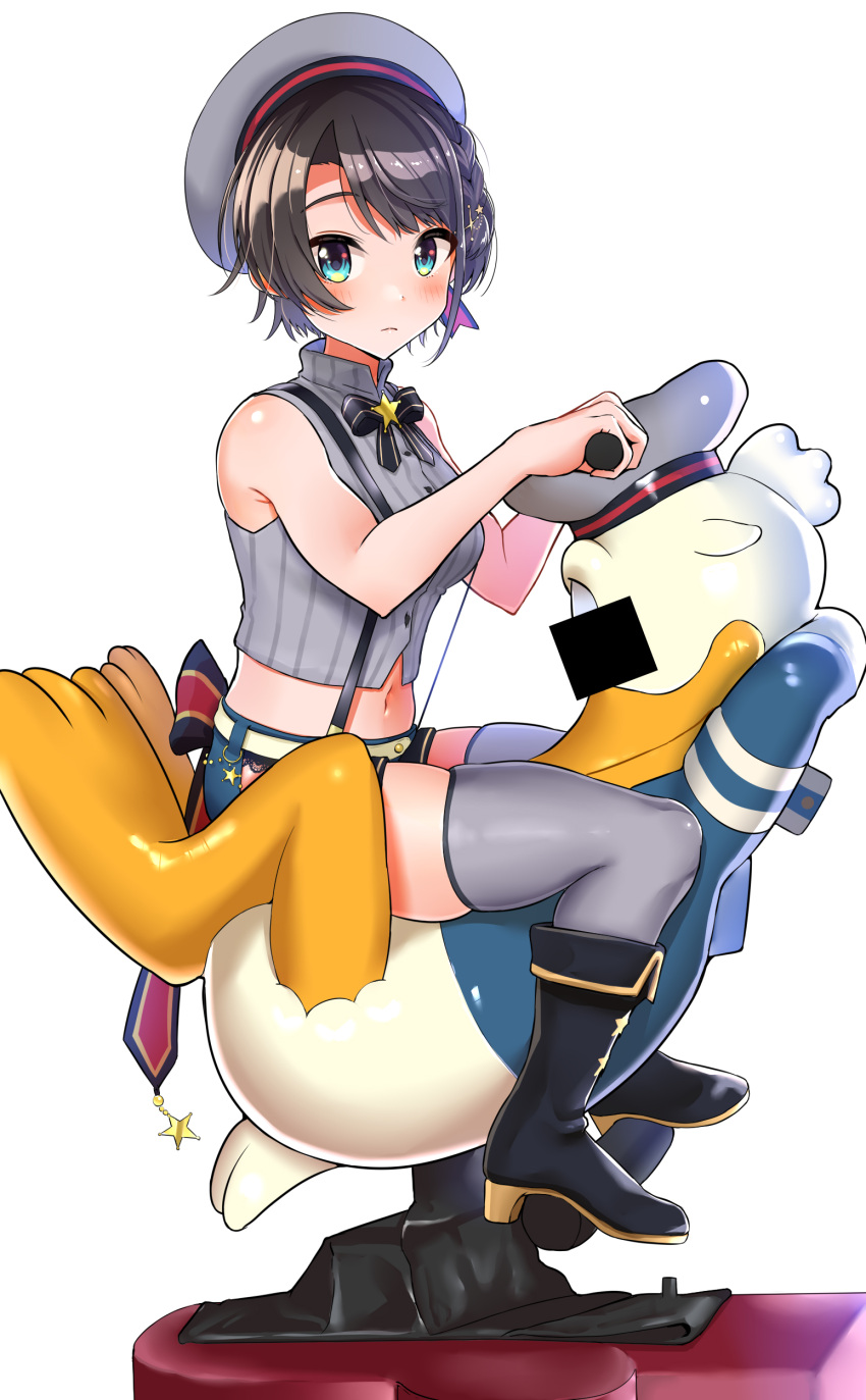 absurdres aqua_eyes bar_censor bare_shoulders belt beret black_bow black_bowtie blue_shorts blush boots bow bowtie braid braided_bangs breasts brown_hair censored closed_mouth collared_shirt crossover disney donald_duck donald_duck_ride_(meme) female from_side full_body grey_shirt grey_thighhighs hair_ornament hairclip handlebar hat high_collar high_heel_boots high_heels highres hololive identity_censor kiddie_ride kilesha knee_boots light_frown looking_at_viewer medium_breasts meme midriff navel official_alternate_costume oozora_subaru oozora_subaru_(work) pinstripe_pattern pinstripe_shirt shirt short_hair short_shorts shorts simple_background sitting sitting_on_object sleeveless sleeveless_shirt star_(symbol) striped_clothes striped_shirt suspender_shorts suspenders swept_bangs thighhighs vertical-striped_clothes vertical-striped_shirt virtual_youtuber white_background