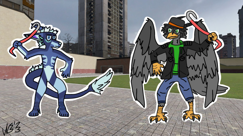 16:9 2023 3d_(artwork) anthro avian bird black_body black_fur blue_body blue_eyes blue_fur bottomwear chuck_(nightbush) clothing crowbar denim denim_bottomwear denim_clothing digital_media_(artwork) fedora feet finch fur garry's_mod green_eyes grin hair half-life hat head_markings headgear headwear hi_res hoodie horn humor jacket jeans joke leather leather_clothing leather_jacket leather_topwear lix_(nightbush) long_ears long_tail male mane markings meme messy_hair nightbush oscine pants passerine photo_background photography_(artwork) serious serious_face signature smile spikes tail talons tanager toes tools topwear twitter valve vampire_finch vernid widescreen wings