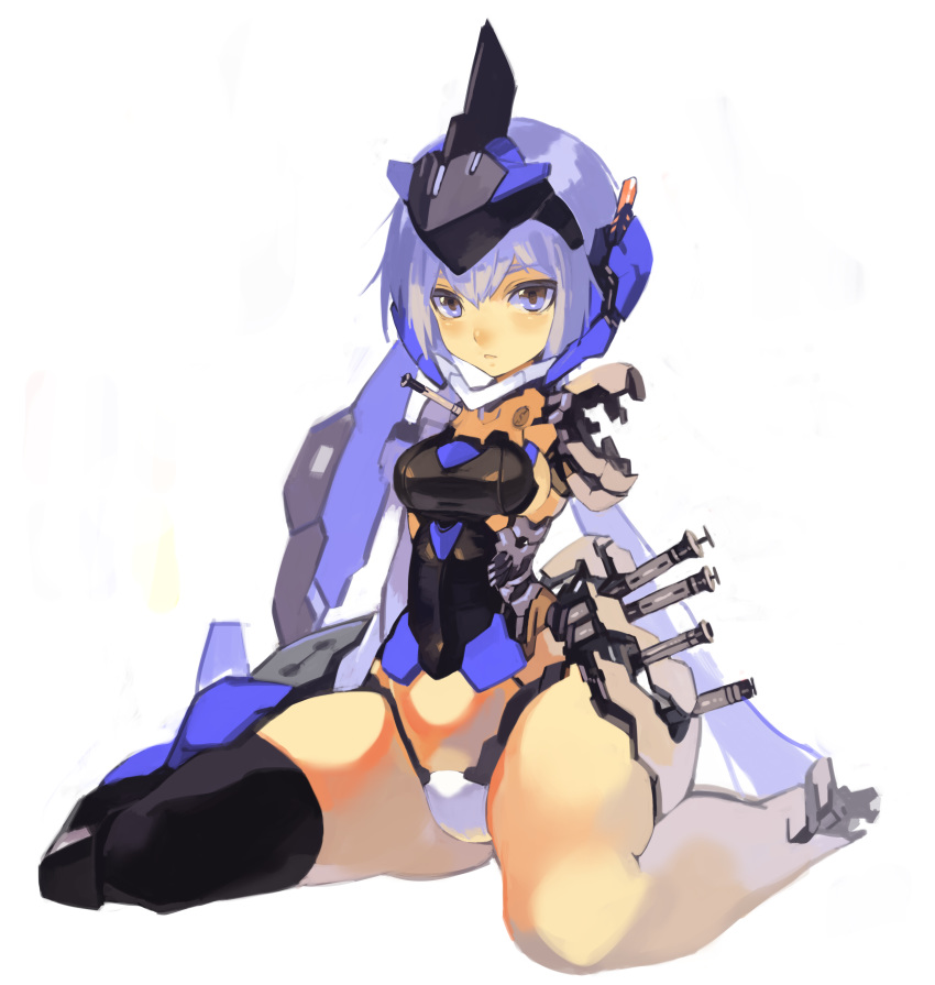 absurdres android blue_eyes blue_hair blush breasts cyborg damaged female frame_arms_girl headgear highres long_hair looking_at_viewer mecha_musume mechanical_arms mechanical_legs mechanical_parts medium_breasts puribate_(helgoland) shiny_skin simple_background single_mechanical_arm sitting solo stylet thighs twintails wariza white_background