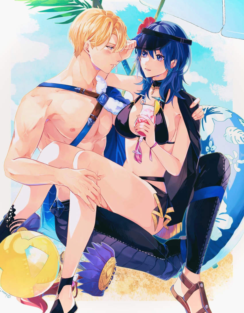 1boy ball bare_arms beachball bikini black_bikini black_footwear blonde_hair blue_eyes blue_hair blush breasts brown_footwear byleth_(female)_(fire_emblem) byleth_(female)_(summer)_(fire_emblem) byleth_(fire_emblem) choker cocktail_glass commentary couple cup dimitri_alexandre_blaiddyd dimitri_alexandre_blaiddyd_(summer) drinking_glass feet_out_of_frame female fire_emblem fire_emblem:_three_houses fire_emblem_heroes flower hair_flower hair_ornament hamut_nl hand_on_another's_shoulder hibiscus highres holding holding_cup innertube large_breasts looking_at_another male_swimwear medium_hair muscular muscular_male official_alternate_costume outdoors palm_tree parted_lips pectorals red_flower sandals short_hair sitting sitting_on_lap sitting_on_person straight swim_ring swimsuit symbol-only_commentary tree visor_cap wristband