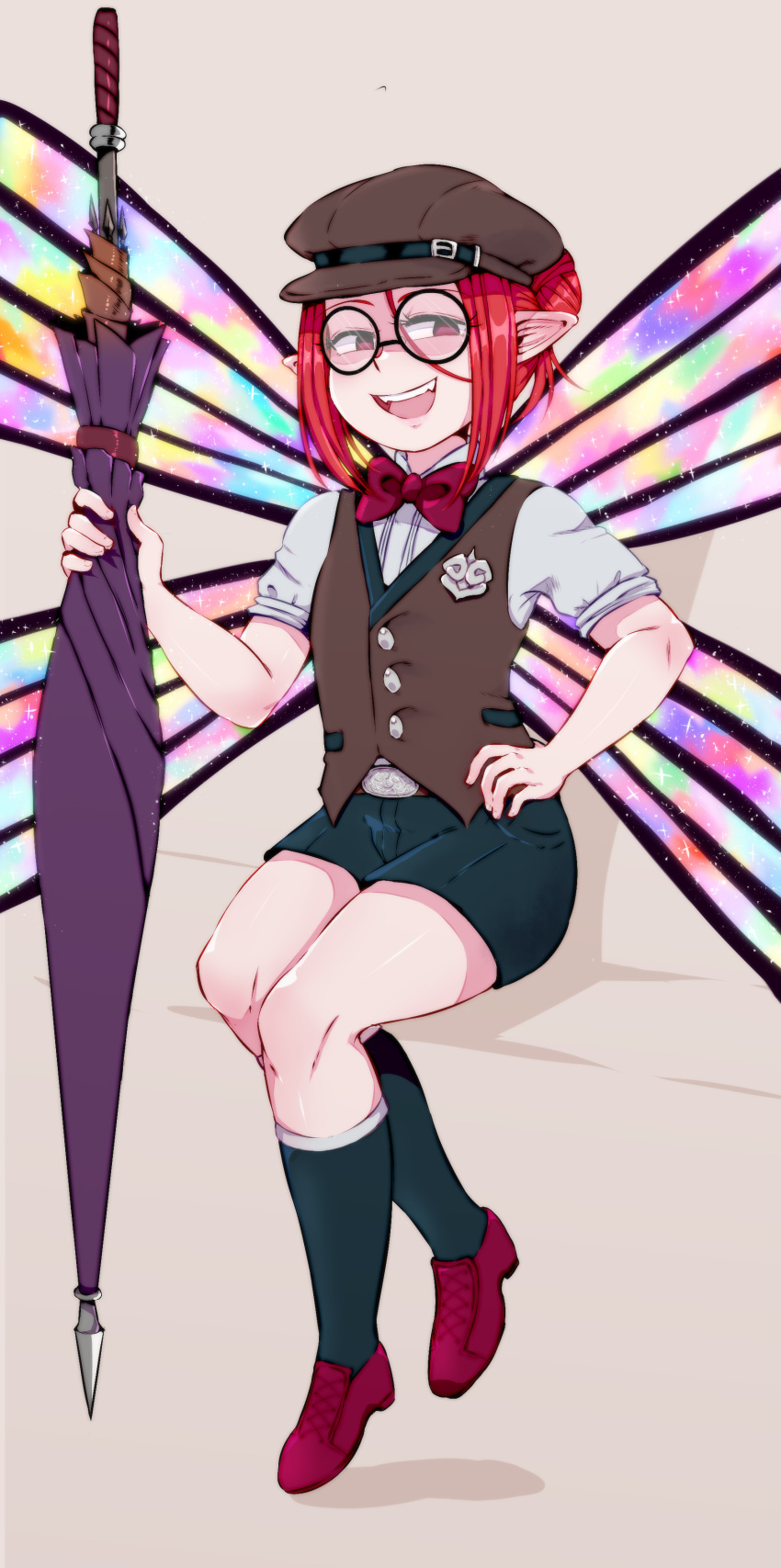 1boy absurdres belt bow bowtie fairy fangs full_body gakuran glasses gloxinia hat highres male_focus nanatsu_no_taizai open_mouth peonymami red_eyes round_eyewear school_uniform short_shorts shorts smile solo umbrella vest wings