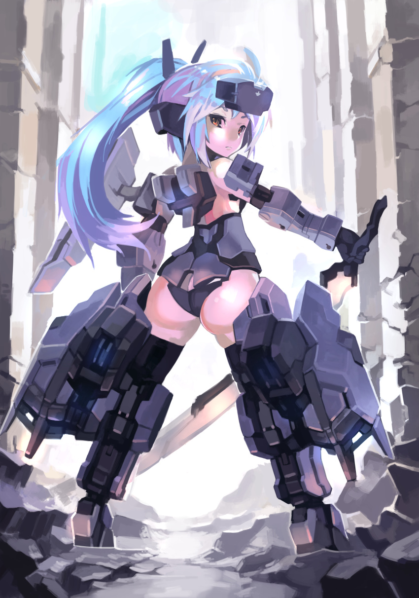 absurdres ass black_gloves blue_hair elbow_gloves female frame_arms_girl from_behind gloves headgear highres holding holding_sword holding_weapon jinrai_(frame_arms_girl) long_hair looking_at_viewer looking_back mecha_musume mechanical_arms mechanical_legs orange_eyes personification puribate_(helgoland) shiny_skin solo standing strapless_bottom sword weapon