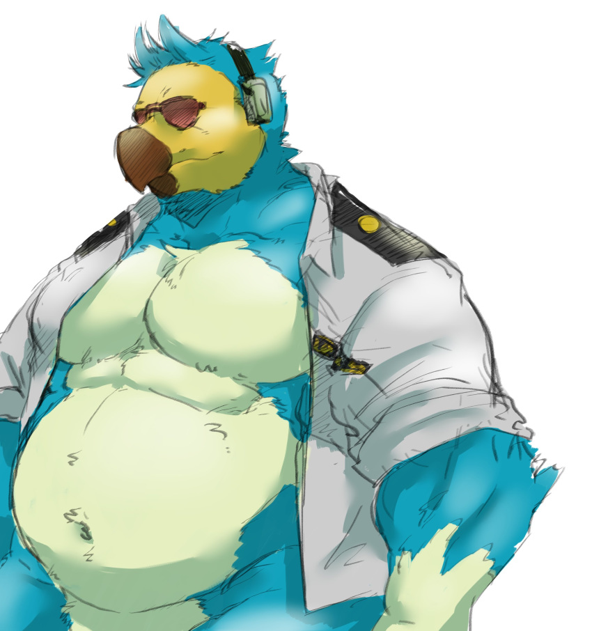 absurd_res animal_crossing anthro avian belly bird blue_body blue_feathers bottomless clothed clothing columbid dodo extinct eyewear feathers fupa hi_res lost_out_gi male musclegut muscular navel nintendo open_clothing open_shirt open_topwear overweight overweight_anthro overweight_male pecs pilot recently_extinct_species shirt solo sunglasses topwear wilbur_(animal_crossing)