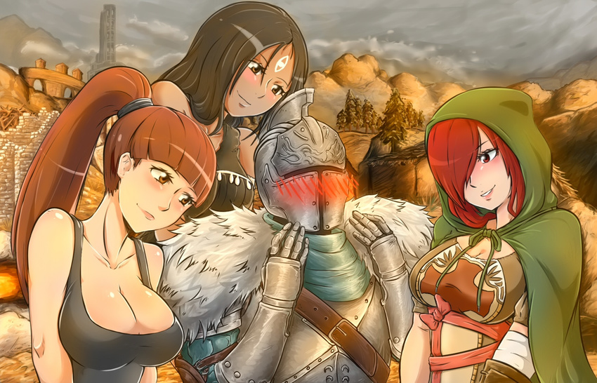 1other 3girls ambiguous_gender armor bare_arms bare_shoulders bearer_of_the_curse black_hair blunt_bangs blush bow breastplate breasts brown_eyes brown_hair buckle camisole cleavage cloak closed_mouth collarbone commentary_request dark-skinned_female dark_skin dark_souls_(series) dark_souls_ii day dress emerald_herald facial_mark forehead_mark full_armor fur gauntlets hair_over_one_eye hands_up harem head_tilt helmet high_ponytail highres hood hood_up hooded_cloak large_breasts lips long_hair looking_at_another mountain multiple_girls outdoors parted_lips patrickdja pink_ribbon ponytail red_eyes red_hair ribbon rosabeth_of_melfia shirt sleeveless sleeveless_shirt smile standing stone_trader_chloanne upper_body visor_(armor)