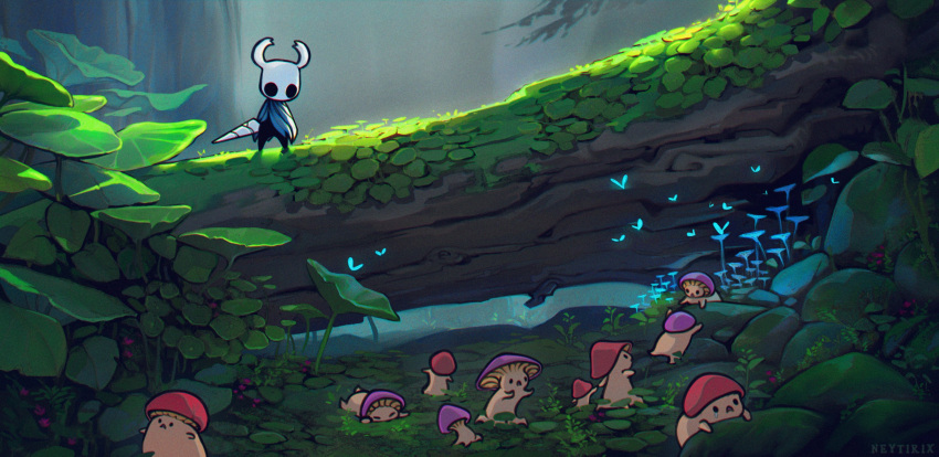 1other :o absurdres artist_name bug cloak crying highres holding hollow_eyes hollow_knight horns humanization knight_(hollow_knight) mask mushroom nail_(hollow_knight) neytirix old_nail_(hollow_knight) outdoors plant running simple_background standing tree weapon