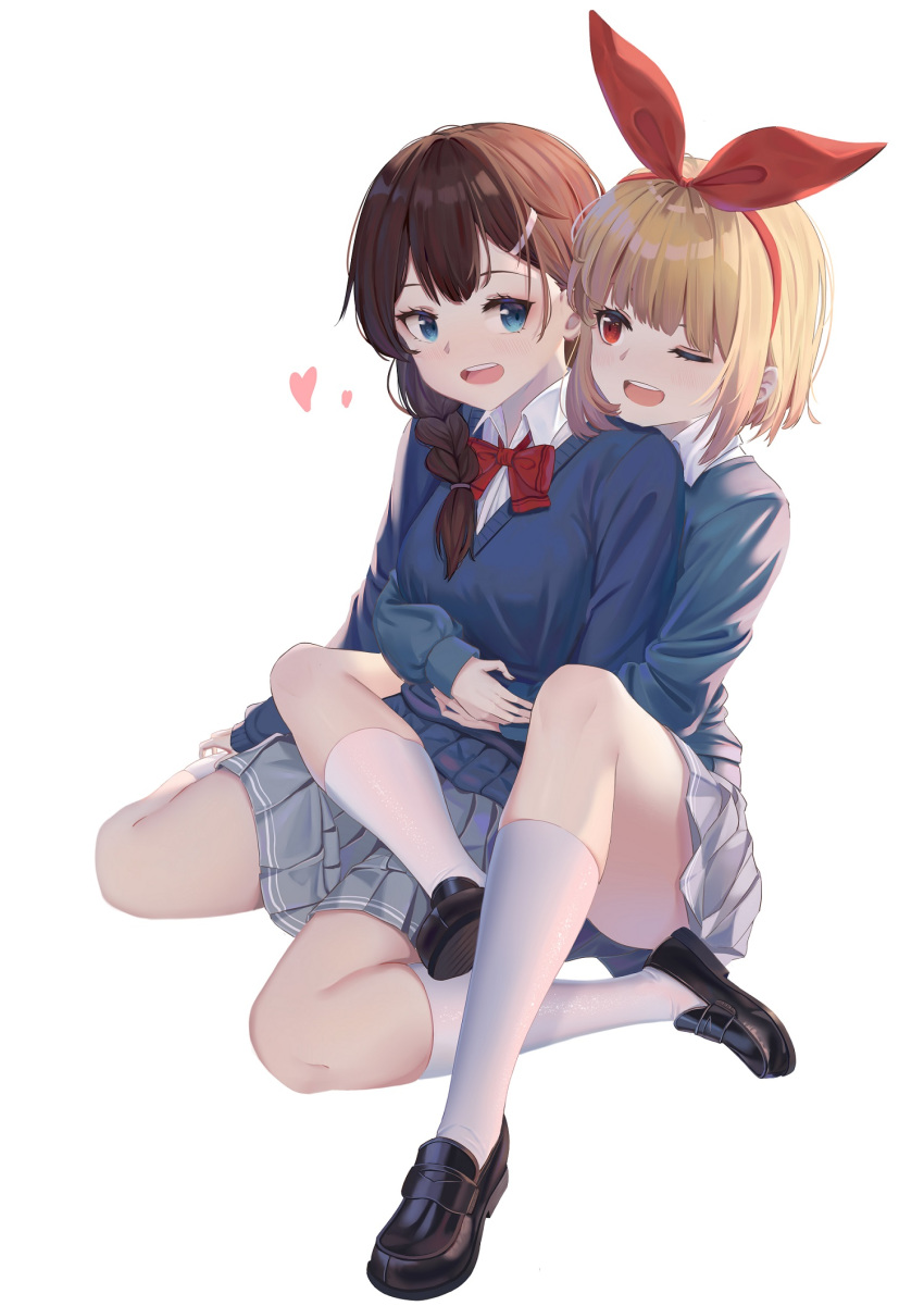 2girls :d ;d black_footwear blonde_hair blue_eyes blue_sweater bow braid breasts brown_hair chinese_commentary collared_shirt commentary dress_shirt grey_skirt hair_ornament hair_over_shoulder hair_ribbon hairclip heart highres hug hug_from_behind kneehighs kokura_hikari loafers long_hair long_sleeves mobu_(wddtfy61) multiple_girls one_eye_closed open_mouth photoshop_(medium) pleated_skirt red_bow red_eyes red_ribbon ribbon rifle_is_beautiful school_uniform shibusawa_izumi shirt shoes simple_background skirt sleeves_past_wrists small_breasts smile socks sweater teeth upper_teeth_only white_background white_shirt white_socks yuri