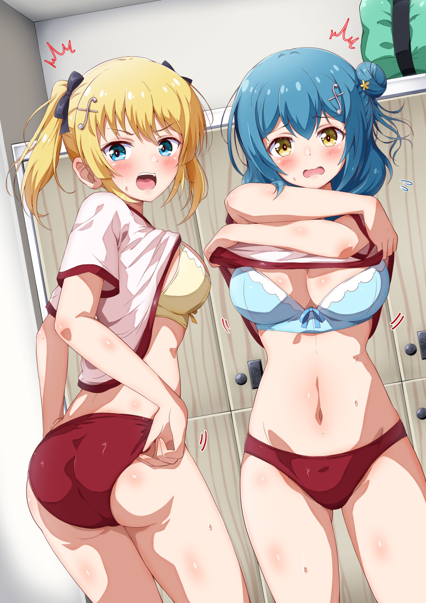 2girls absurdres angry aqua_hair ass back battle_girl_high_school blonde_hair blue_bra blue_eyes blush bra breasts brown_eyes buruma cleavage commentary_request commission dressing eggman_(pixiv28975023) forte_(symbol) gym_shirt gym_uniform hair_between_eyes hair_bun hair_ornament highres indoors kougami_kanon kunieda_shiho lifting_own_clothes locker locker_room looking_at_viewer medium_breasts medium_hair multiple_girls musical_note musical_note_hair_ornament navel open_mouth red_buruma shirt short_hair sidelocks single_hair_bun skeb_commission standing stomach surprised teeth thigh_gap thighs underwear upper_teeth_only wavy_mouth white_shirt yellow_bra