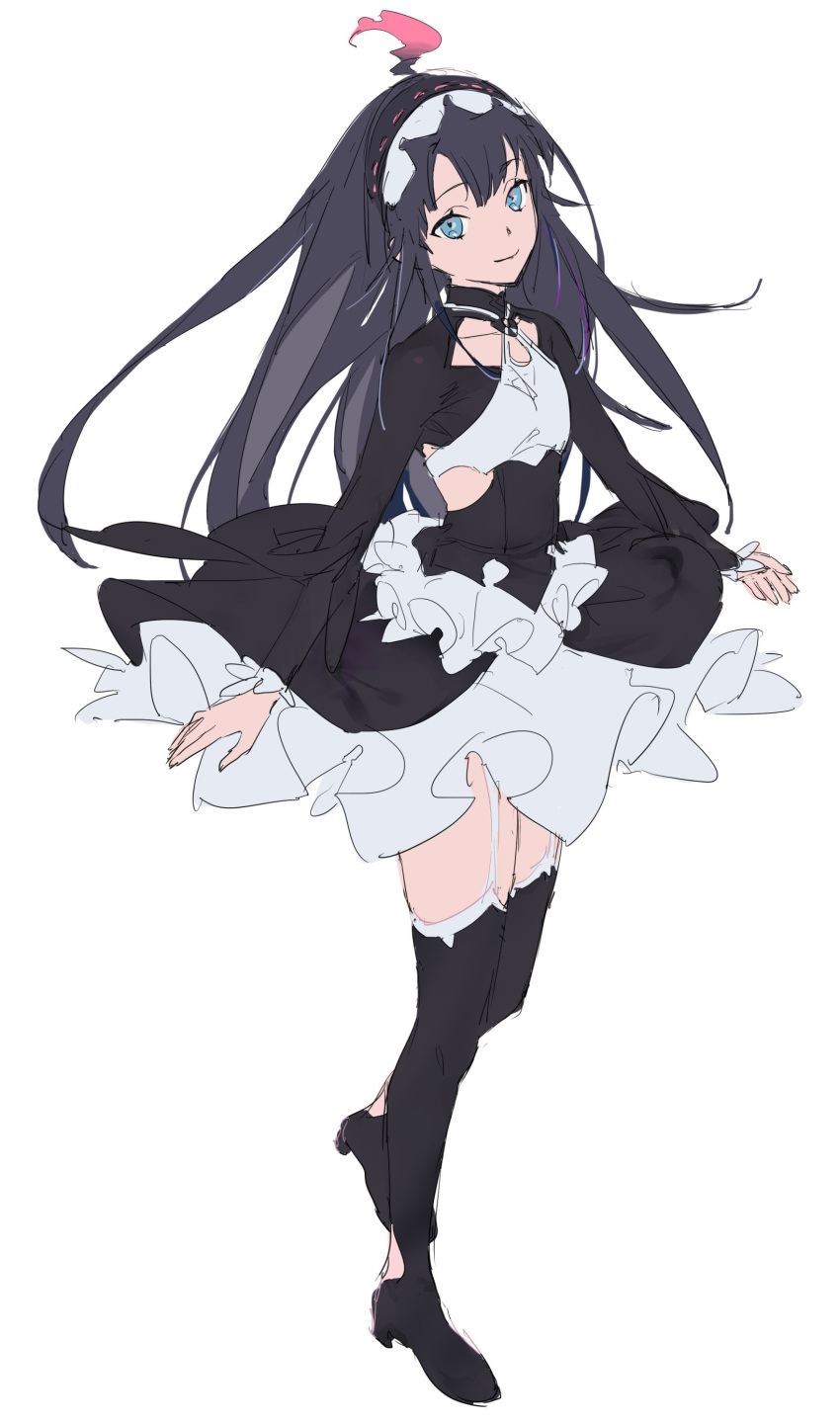 absurdres ahoge black_dress black_thighhighs blue_eyes closed_mouth dress female flat_chest full_body garter_straps grey_hair head_tilt high_heels highres infinite_dendrogram long_hair long_sleeves looking_at_viewer nemesis_(infinite_dendrogram) sankomichi simple_background skirt smile solo thighhighs white_background white_skirt