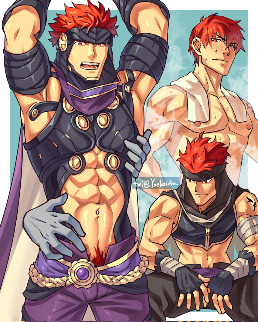 1boy abs armpits bara blue_background cape disembodied_hand fingerless_gloves fire_emblem fire_emblem:_the_blazing_blade gloves hairband highres invisible_chair jaffar_(fire_emblem) jaffar_(resplendent)_(fire_emblem) male_focus male_pubic_hair muscular muscular_male nipples open_mouth pubic_hair pubic_hair_peek red_eyes red_hair short_hair sitting steaming_body tattoo towel towel_around_neck twitter_username wet yaekaidou