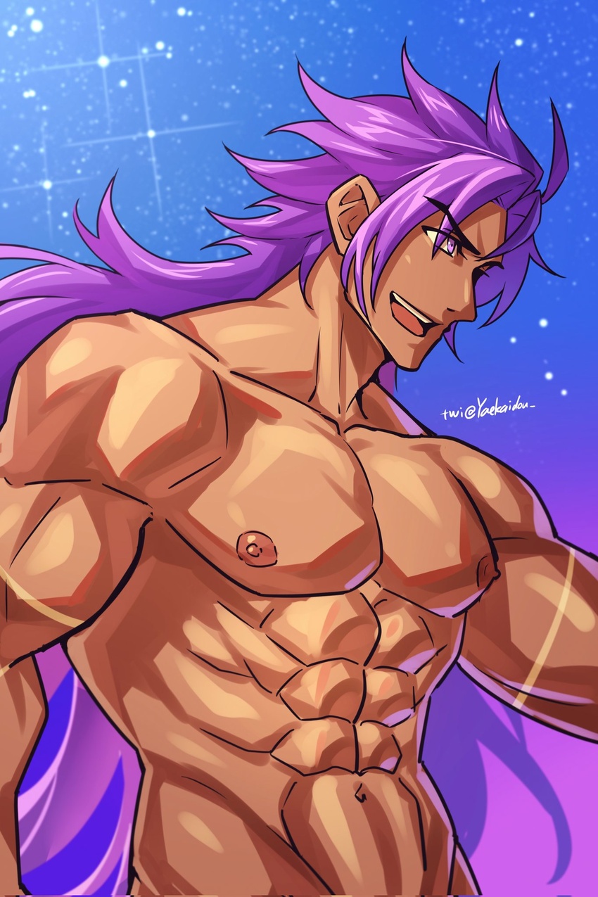 1boy abs bara bhima_(fate) collarbone dark-skinned_male dark_skin fate/grand_order fate_(series) highres long_hair looking_to_the_side male_focus muscular muscular_male nipples nude pectorals purple_eyes purple_hair simple_background smile solo twitter_username upper_body yaekaidou