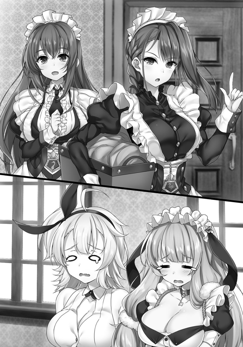 4girls azur_lane blush braid breasts cleavage closed_eyes commentary_request crying curacoa_(azur_lane) curlew_(azur_lane) facing_another greyscale highres index_finger_raised indoors kent_(azur_lane) large_breasts long_hair long_sleeves looking_at_another monochrome multiple_girls necktie novel_illustration official_art open_mouth raiou smile suffolk_(azur_lane)