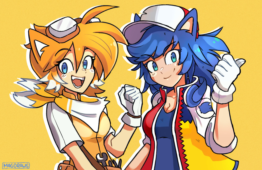 2girls animal_ears blue_eyes blue_hair breasts cleavage english_commentary fangs fox_ears genderswap_(mtf) gloves goggles goggles_on_head hat highres humanization long_hair looking_at_viewer mag_(magdraws) medium_breasts multicolored_hair multiple_girls open_mouth orange_hair rule_63 smile sonic_(series) sonic_the_hedgehog sonic_the_hedgehog_(classic) sonic_the_hedgehog_2 tails_(sonic) teeth white_gloves white_hair