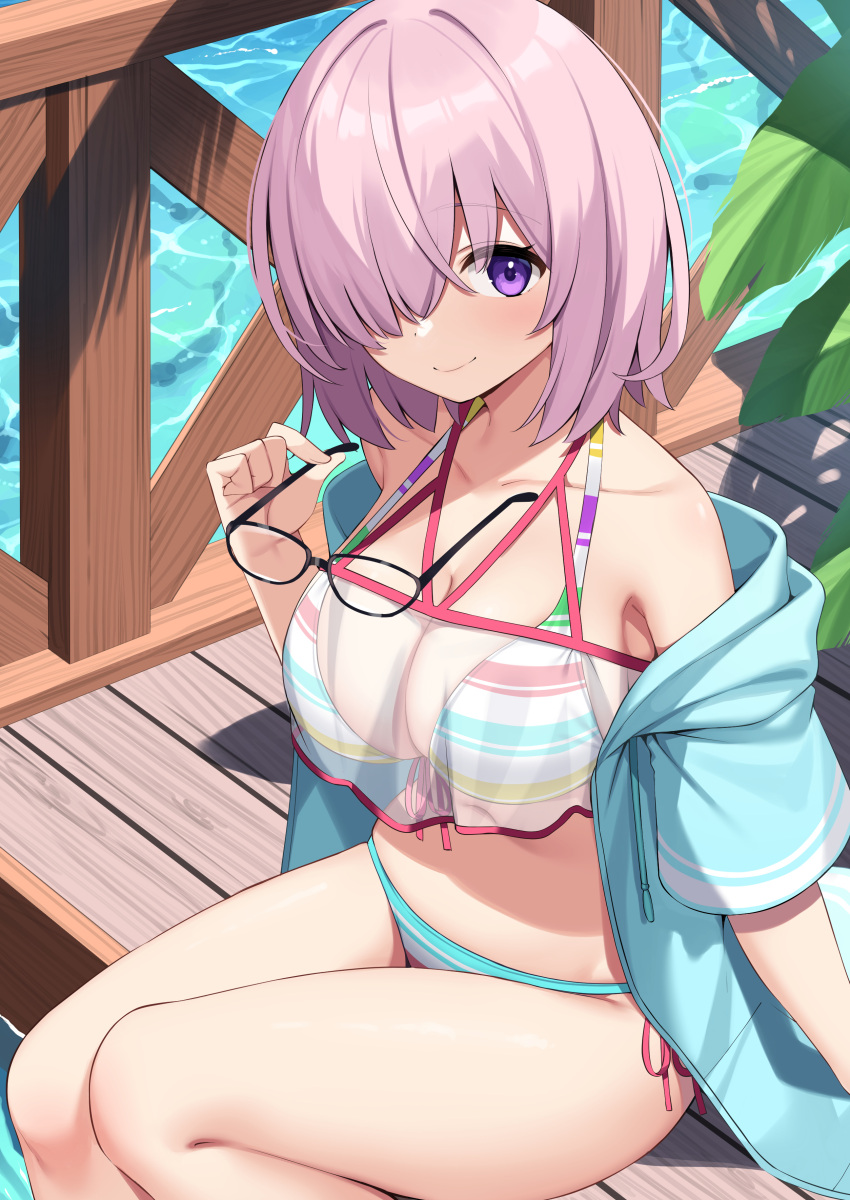 absurdres bikini blue_jacket breasts closed_mouth collarbone commentary dot_nose fate/grand_order fate_(series) female glasses hair_over_one_eye hand_up highres holding holding_removed_eyewear hood hooded_jacket jacket large_breasts looking_at_viewer mash_kyrielight mash_kyrielight_(swimsuit_of_perpetual_summer_ver.02) multicolored_bikini multicolored_clothes navel off_shoulder outdoors pink_hair purple_eyes short_hair side-tie_bikini_bottom sitting smile solo stomach striped_bikini striped_clothes suiroh_(shideoukami) swimsuit thighs unworn_eyewear