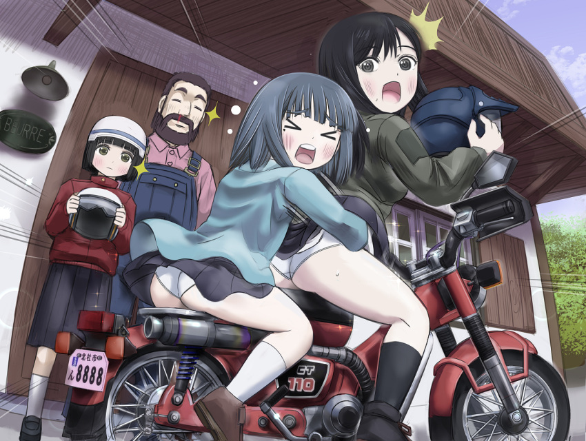 >_< 1boy 3girls apron beard black_eyes black_hair blood blush brown_eyes brown_hair closed_eyes cloud coat commentary day door eniwa_shii facial_hair father_and_daughter helmet holding holding_helmet honda_ct110 hosoinogarou house hug koguma_(super_cub) license_plate long_hair mole mole_under_eye motor_vehicle motorcycle motorcycle_helmet moustache multiple_girls nosebleed on_motorcycle open_mouth outdoors panties pantyshot reiko_(super_cub) screaming shirt shoes short_hair skirt sky socks sparkle super_cub surprised sweat teeth thighs tree underwear upper_teeth_only window yuri