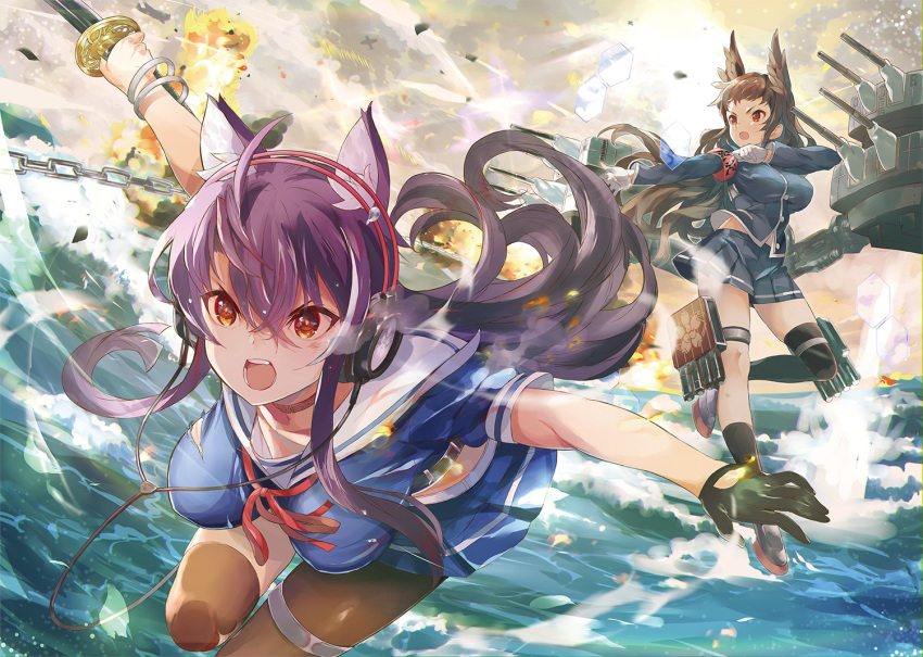 2girls animal_ear_fluff animal_ears armband artillery ashigara_(azur_lane) asymmetrical_legwear azur_lane black_gloves blouse blue_shirt blue_skirt breasts brown_hair chains choker explosion gloves hair_between_eyes head_wings headphones holding holding_sword holding_weapon katana large_breasts leg_up long_hair long_sleeves midriff_peek miniskirt multiple_girls myoukou_(azur_lane) open_mouth pleated_skirt purple_hair red_armband red_choker red_eyes rudder_footwear sailor_collar sakura_empire_(emblem) school_uniform shirt short_sleeves single_sock single_thighhigh skirt socks sword tetsujin_momoko thigh_strap thighhighs torpedo_tubes turret uneven_legwear walking walking_on_liquid water waves weapon white_gloves white_sailor_collar white_shirt wing_ears wings wolf_ears