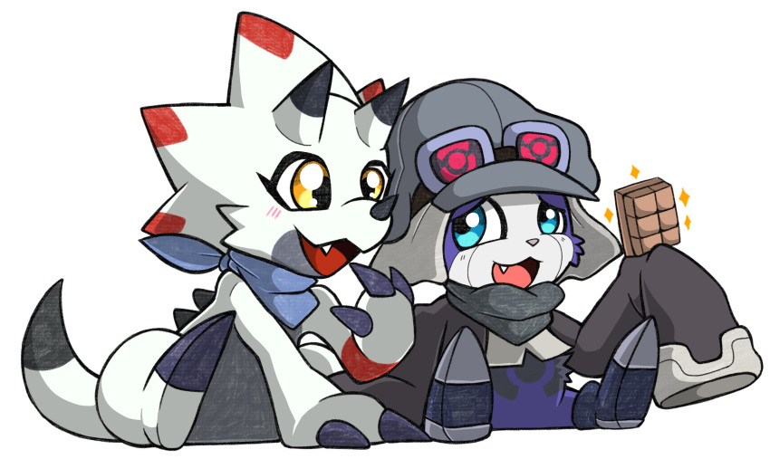 anthro appmon appmon_(species) bandai_namco black_claws candy chocolate claws clothing dessert digimon digimon_(species) digimon_ghost_game duo food gammamon hat headgear headwear hi_res horn male offmon oversized_sleeves portugueselynx scarf white_body yellow_eyes