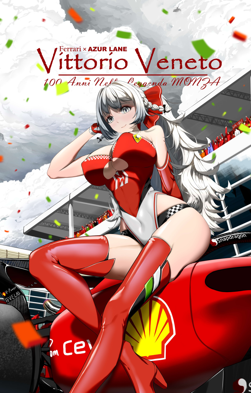 absurdres alternate_costume asymmetrical_gloves azur_lane black_panties blue_sky boots bow breasts car chinese_commentary clothing_cutout cloud commentary confetti covered_nipples elbow_gloves female ferrari formula_one formula_racer from_below gloves grey_hair hairbow hand_in_own_hair high_heel_boots high_heels highleg highleg_leotard highres italian_flag italian_text kangkehuohuohuo large_breasts leotard logo long_hair looking_at_viewer motor_vehicle outdoors panties panties_under_leotard panty_straps race_queen race_vehicle racecar racetrack red_bow red_footwear red_leotard shell_(company) single_elbow_glove skindentation sky strapless strapless_leotard thigh_boots thighs two-tone_leotard underboob_cutout underwear vittorio_veneto_(azur_lane) white_eyes white_leotard