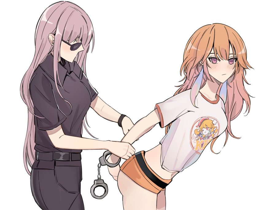 2girls alternate_costume amlichan arrest belt black_belt black_pants black_shirt blush brand_name_imitation breasts commentary crop_top cropped_legs cuffs english_commentary full_body handcuffs highres hololive hololive_english long_hair medium_breasts mori_calliope multiple_girls orange_hair pants pink_eyes pink_hair shirt short_shorts shorts sunglasses t-shirt takanashi_kiara underbutt virtual_youtuber white_background