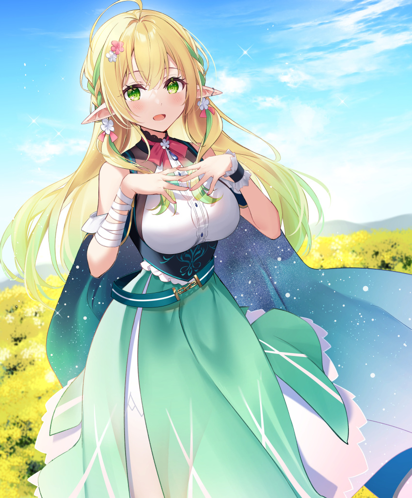 :d absurdres bandaged_arm bandages bare_shoulders blonde_hair blue_sky breasts cloud commentary_request day elf female field flower flower_field gradient_hair green_eyes green_hair green_skirt hands_up highres kisaragi_yuri long_hair md5_mismatch medium_breasts mountain multicolored_hair outdoors pointy_ears resolution_mismatch revision saohime_yue shirt single_wrist_cuff skirt sky sleeveless sleeveless_shirt smile solo source_smaller streaked_hair very_long_hair virtual_youtuber wactor_production white_shirt wrist_cuffs yellow_flower