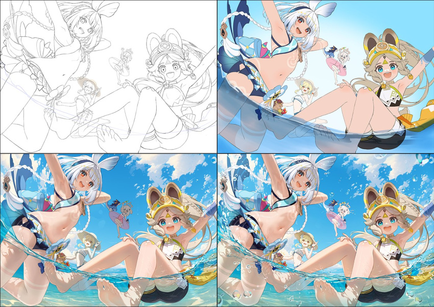 4girls :d animal_ears aqua_pants arms_up bandaid bandaid_on_knee bandaid_on_leg bare_shoulders barefoot bikini blonde_hair blue_eyes blue_hairband blush body_markings braid breasts brown_eyes brown_hair chinchilla_ears chinchilla_girl chinchilla_tail cloud crop_top dorsiflexion feet fish-shaped_pupils flat_chest flower food genshin_impact grey_hair hair_between_eyes hair_flower hair_ornament hairband halo hat hawaiian_clothes heart highleg holding holding_skewer innertube kachina_(genshin_impact) legs long_hair looking_at_viewer low_twin_braids lumine_(genshin_impact) lumine_(hot_springs)_(genshin_impact) making-of medium_breasts medium_hair midriff mualani_(genshin_impact) multiple_girls navel official_alternate_costume one-piece_swimsuit open_mouth outdoors paimon_(genshin_impact) paimon_(hot_springs)_(genshin_impact) pants partially_submerged petite pink_innertube short_hair_with_long_locks skewer sky small_breasts smile soles straw_hat swim_ring swimsuit sylpi symbol-shaped_pupils toes twin_braids twitter_username visor_cap water white_bikini