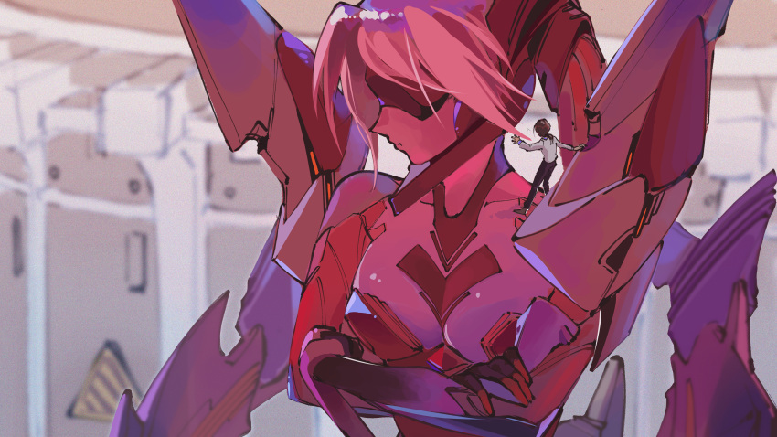 1boy absurdres armor asuka-eva-synthesis black_pants blurry blurry_background breasts brown_hair closed_mouth commentary crossed_arms cyborg eva_02 eva_02_stage_2 eva_02_stage_2_allegorica evangelion_(mecha) evangelion_stage_2_specification female giant giantess hands_up hangar highres ikari_shinji indoors kawatooo large_breasts long_hair looking_to_the_side low_ponytail mecha mecha_musume mechanical_wings neon_genesis_evangelion neon_genesis_evangelion_anima pants person_on_shoulder pink_armor pink_hair pout robot science_fiction shirt souryuu_asuka_langley visor_(armor) white_shirt wings