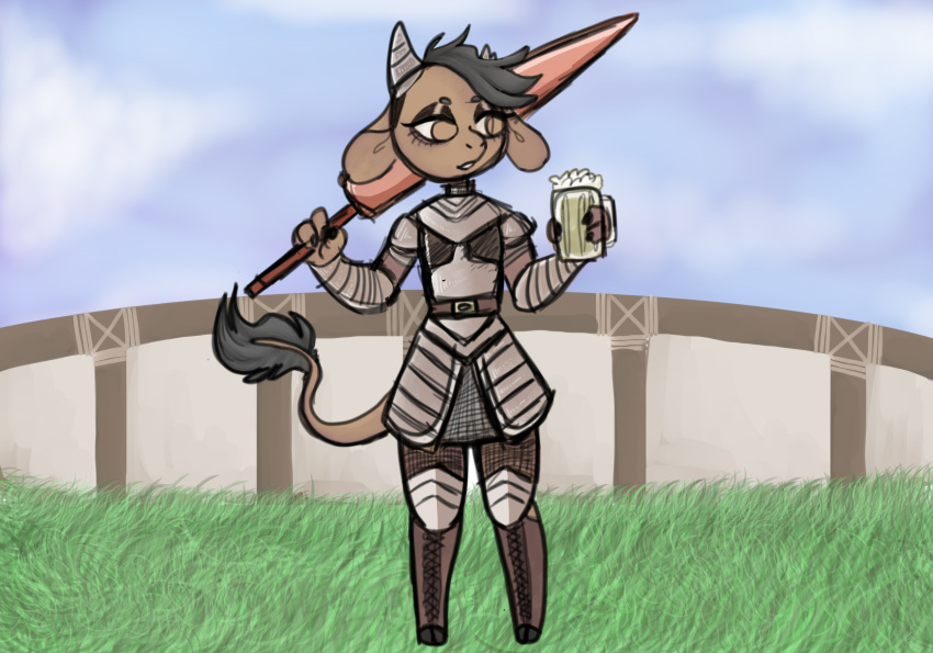 2019 alcohol ambiguous_gender anthro armor beer beer_mug beverage biped boots bovid bovine breastplate broken_horn brown_body brown_boots brown_clothing brown_footwear brown_fur cattle chainmail claws clothed clothing cloud detailed_background digital_media_(artwork) footwear fur grass grey_hair grey_horn hair hi_res holding_beer holding_beer_mug holding_beverage holding_lance holding_object holding_weapon hooves horn lance mammal manitka manitka_(character) melee_weapon open_mouth orange_eyes outside plant polearm shoes simple_background sky smile solo tail weapon