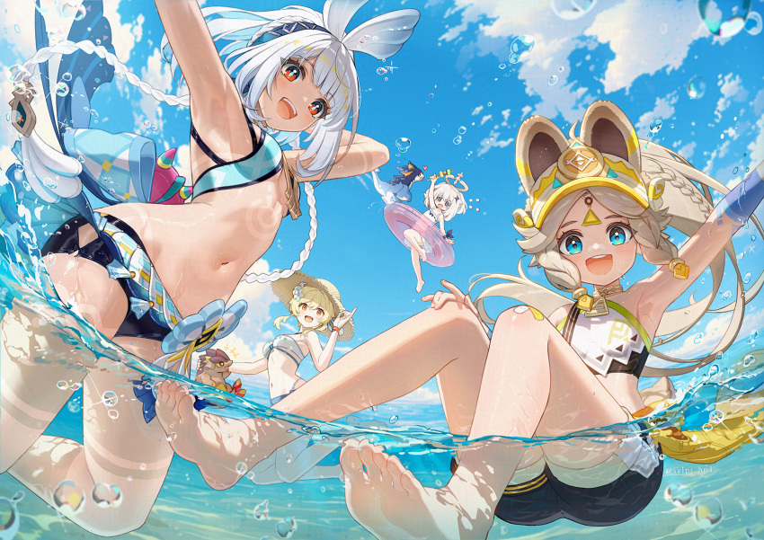 4girls :d animal_ears aqua_pants arms_up bandaid bandaid_on_knee bandaid_on_leg bare_shoulders barefoot bikini blonde_hair blue_eyes blue_hairband blush body_markings braid breasts brown_eyes brown_hair chinchilla_ears chinchilla_girl chinchilla_tail cloud crop_top dorsiflexion feet fish-shaped_pupils flat_chest flower food genshin_impact grey_hair hair_between_eyes hair_flower hair_ornament hairband halo hat hawaiian_clothes heart highleg highres holding holding_skewer innertube kachina_(genshin_impact) legs long_hair looking_at_viewer low_twin_braids lumine_(genshin_impact) lumine_(hot_springs)_(genshin_impact) medium_breasts medium_hair midriff mualani_(genshin_impact) multiple_girls navel official_alternate_costume one-piece_swimsuit open_mouth outdoors paimon_(genshin_impact) paimon_(hot_springs)_(genshin_impact) pants partially_submerged pink_innertube short_hair_with_long_locks skewer sky small_breasts smile soles straw_hat swim_ring swimsuit sylpi symbol-shaped_pupils toes twin_braids twitter_username visor_cap water white_bikini