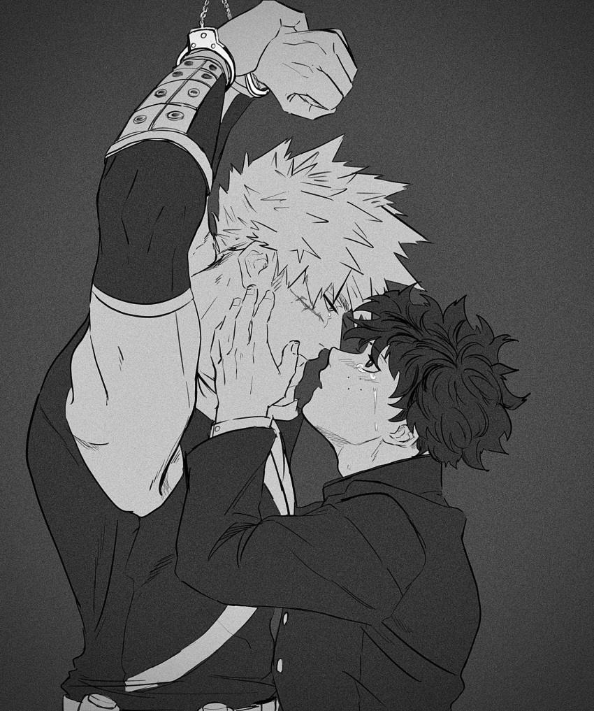 2boys arms_up bakugou_katsuki black_jacket boku_no_hero_academia bound bound_wrists bracer buttons clenched_hands collared_jacket crying crying_with_eyes_open cuffs detached_sleeves emu_rv eye_contact film_grain freckles greyscale handcuffs highres jacket layered_sleeves looking_at_another male_focus midoriya_izuku monochrome multiple_boys parted_lips profile scar scar_on_cheek scar_on_face spiked_hair superhero_costume tears time_paradox yaoi