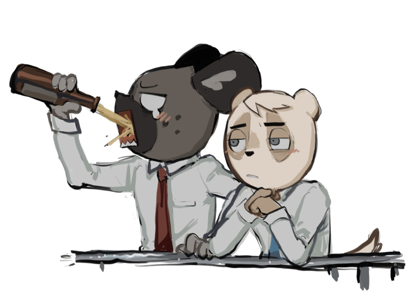 aggretsuko alcohol anai_(aggretsuko) anthro badger beverage bottle clothed clothing container drinking duo haida_(aggretsuko) hi_res hyena japanese_badger male mammal meles mustelid musteline necktie rusjerry sanrio simple_background spotted_hyena white_background